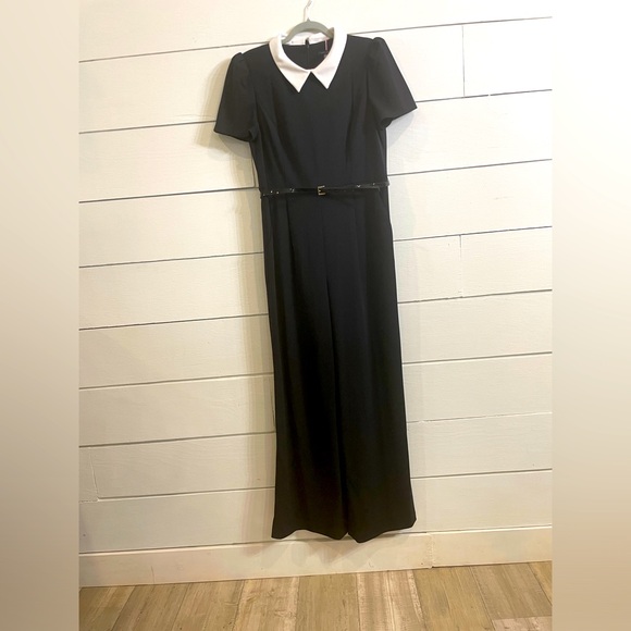 Collard Crepe Jumpsuit, Black, Flare Leg - Picture 3 of 8